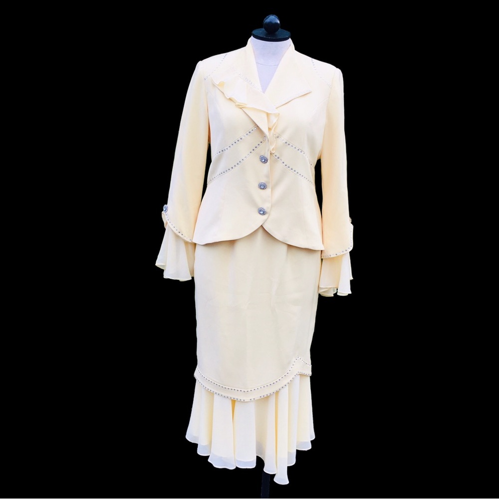 Vintage Designer Yellow Rhinestone Skirt Blazer Formal Suit Sz 10 Dolly Parton